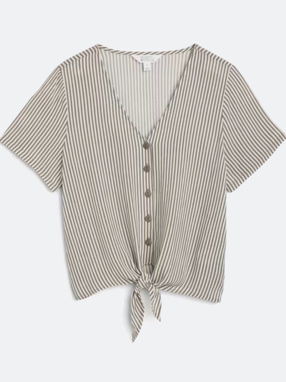 Market & Spruce Striped Button-Tie V-Neck Top - Olive and White